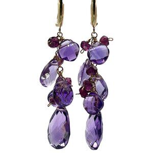 14k Yellow Gold Briolette Cut Natural Amethyst & Faceted Garnet Dangle Earrings